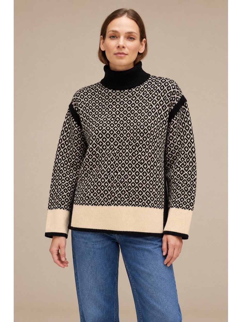 J Jill Sz M Cream Black Diamond Pattern Sweater Mock Neck Textured Knit